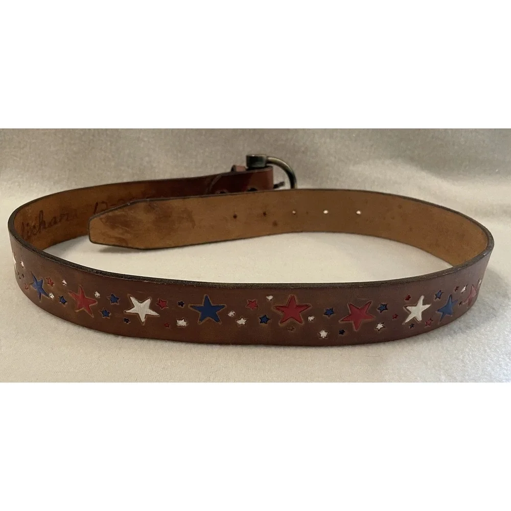 Tooled Leather Belt Red White & Blue Stars Western Cowgirl Brown Vtg 27-31.5